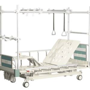专业医院患者护理床，带可调节床板和护理支架，适用于医疗护理和康复治疗。.