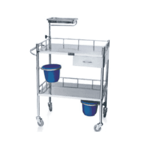 医疗手术护理推车，带抽屉和挂钩，便于手术器械存放和移动。.